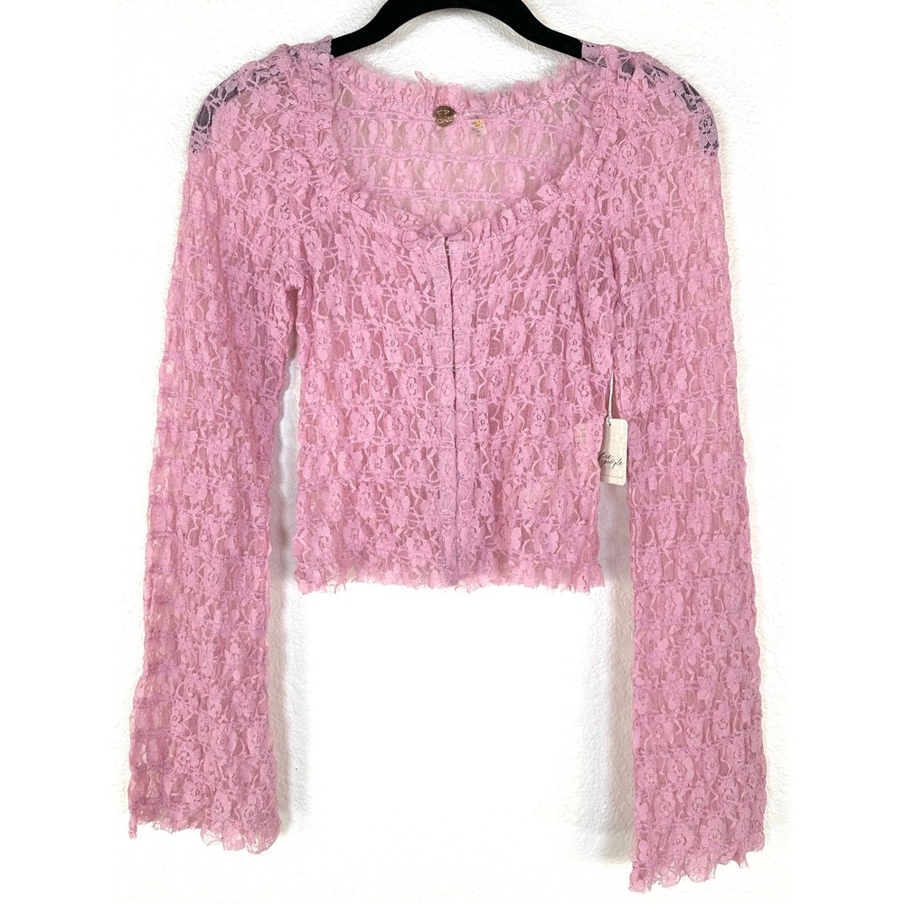 Free People FP One Madison Lace Top Pink Sheer Smocked Bell Sleeveβ XS NWT
